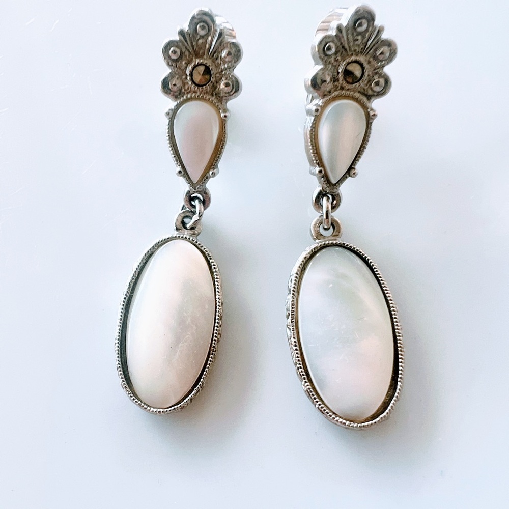 Antique Sterling Silver Mother Of Pearl Featuring Marcasite Dangle Drop Earrings